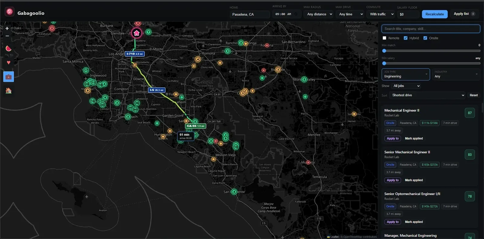 A dark map of the Los Angeles basin with a home marker near Pasadena, job pins colored by match score, and a route down Interstate 710 and Interstate 5 to Santa Ana labeled 61 minutes.