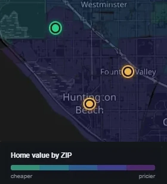 Orange County with home values by ZIP code shaded underneath, teal where housing is cheaper and violet where it is pricier, and job pins on top.